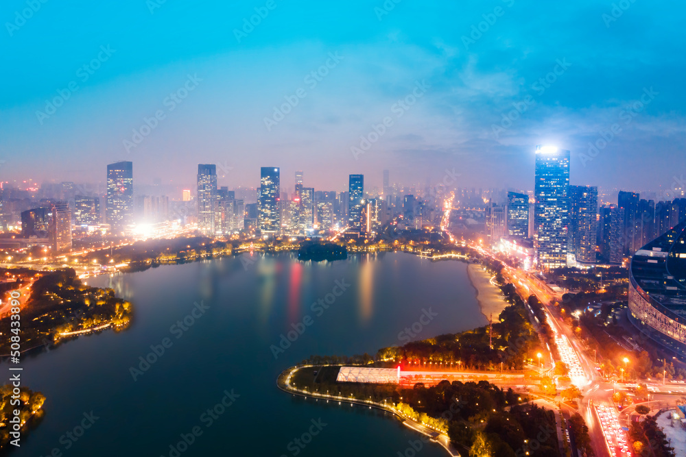 中国合肥现代建筑航拍夜景