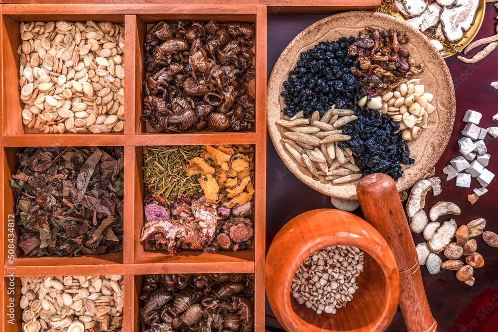 Chinese herbal medicine and flower tea on wooden