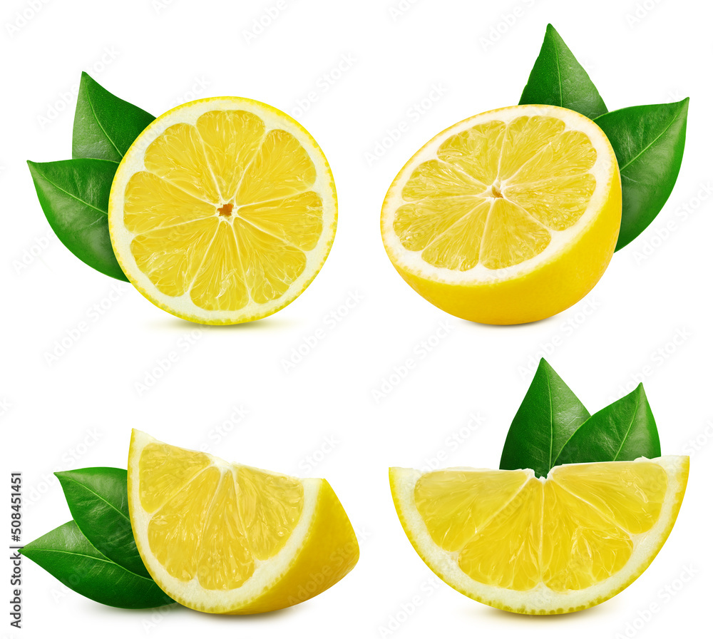 Collection lemon isolated on white background. Taste lemon with leaf. Full depth of field with clipp