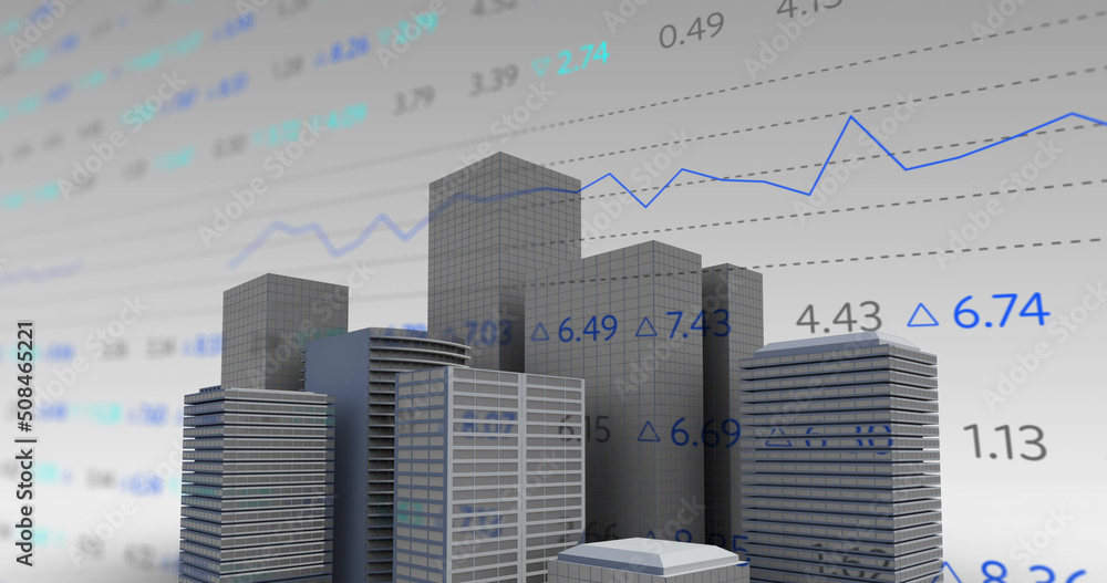 Digital image of stock market data processing over 3d building model against grey background