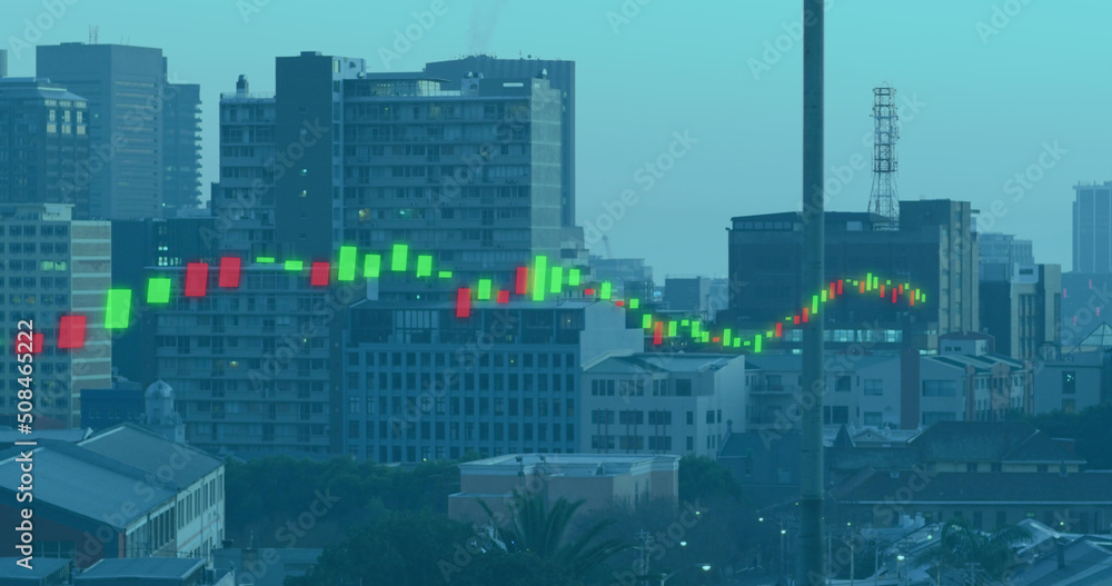 Composite image of glowing financial data processing against cityscape