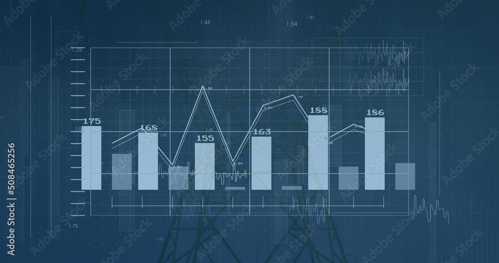 输电塔和景观上的财务数据处理图像
