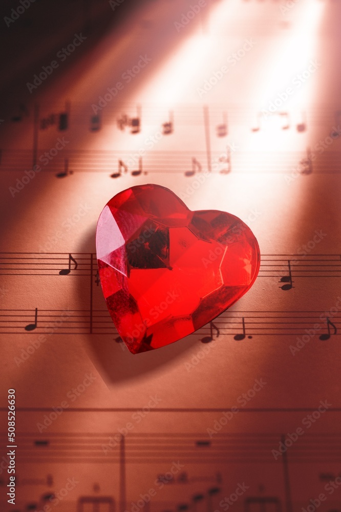 Small red heart with musical notes. Love to study music concept