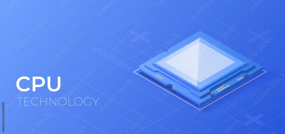 CPU chip isometric illustration. Computer processor component. Semiconductor technology concept. Fut