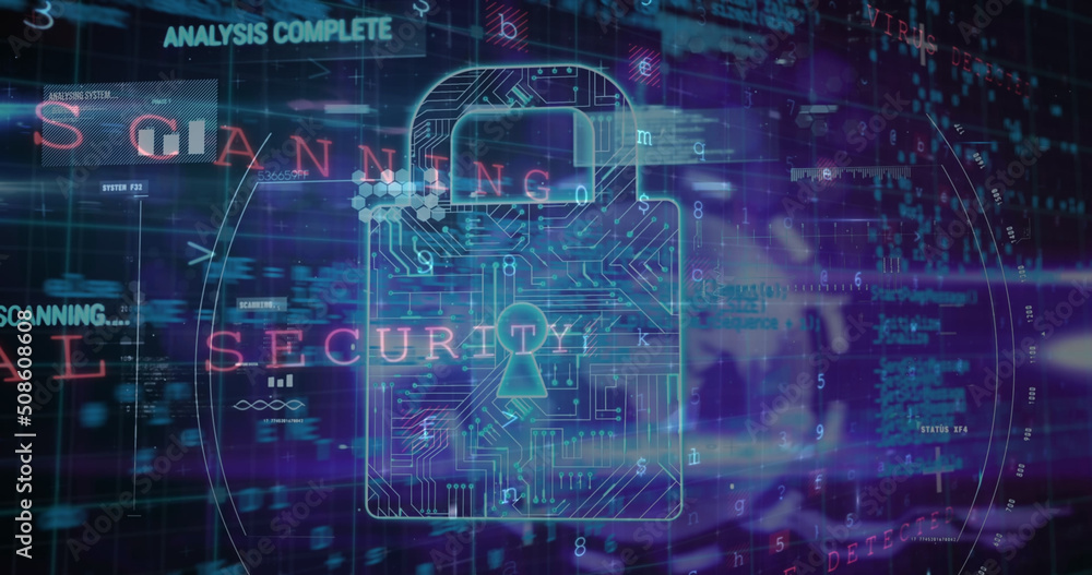 Image of warning data processing, online security padlock and circuit board