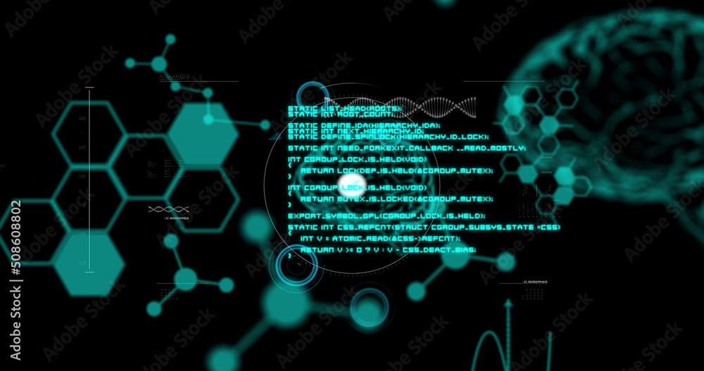 Image of network of connections with icons over data processing and chemical formulas