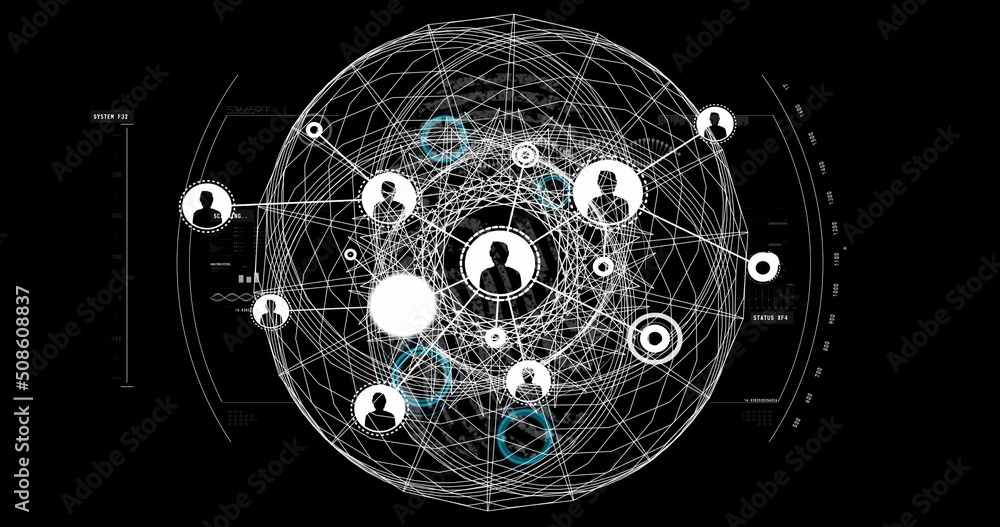 Image of network of connections with icons over geometric shape ob black background