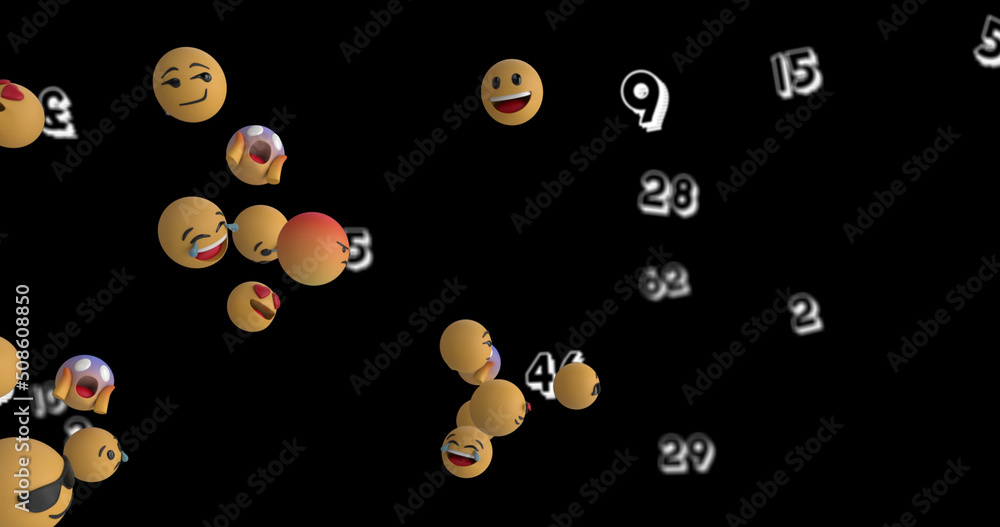 Image of emoji icons floating over numbers on black background