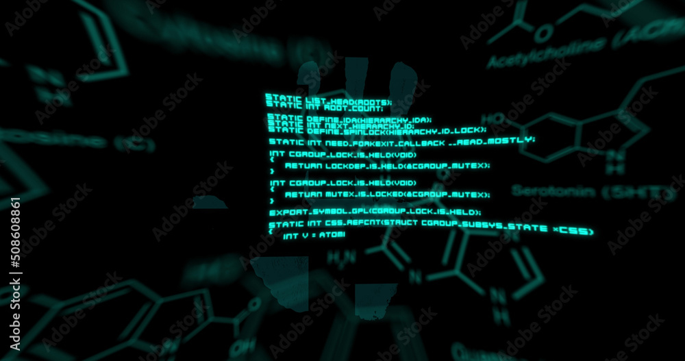 Image of chemical formulas and data processing over fingerprints on black background