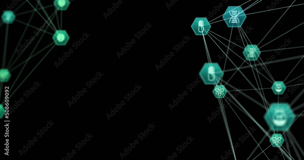 Image of network of medical icons spinning over black background