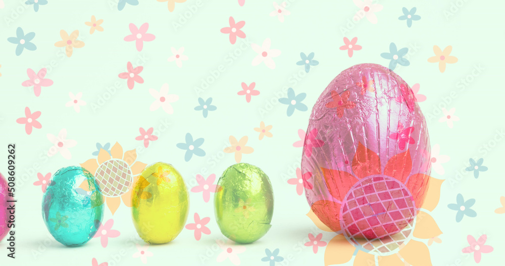 Composite image of flowers icons moving over colorful easter eggs against white background