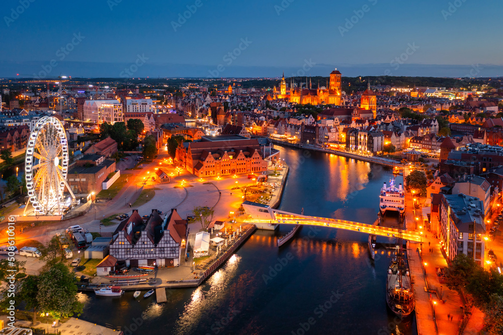 Aerial view of the beautiful Gdansk city at dusk, Poland