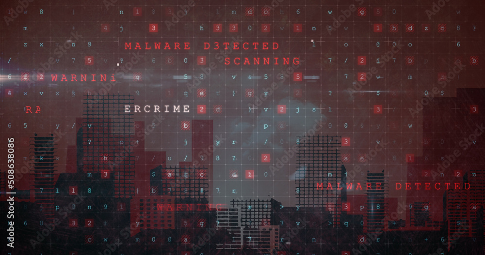 Image of cyber attack warning over cityscape on red background