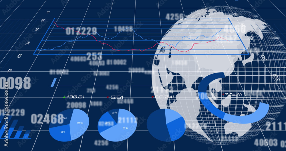 蓝色背景下的财务数据处理和地球仪图像