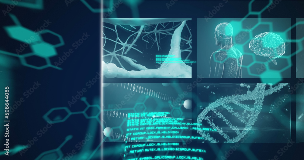 在蓝色背景下进行医学数据处理的多个屏幕的数字图像