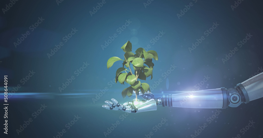 Image of growing plant in hand of robot arm, with moving light on blue background