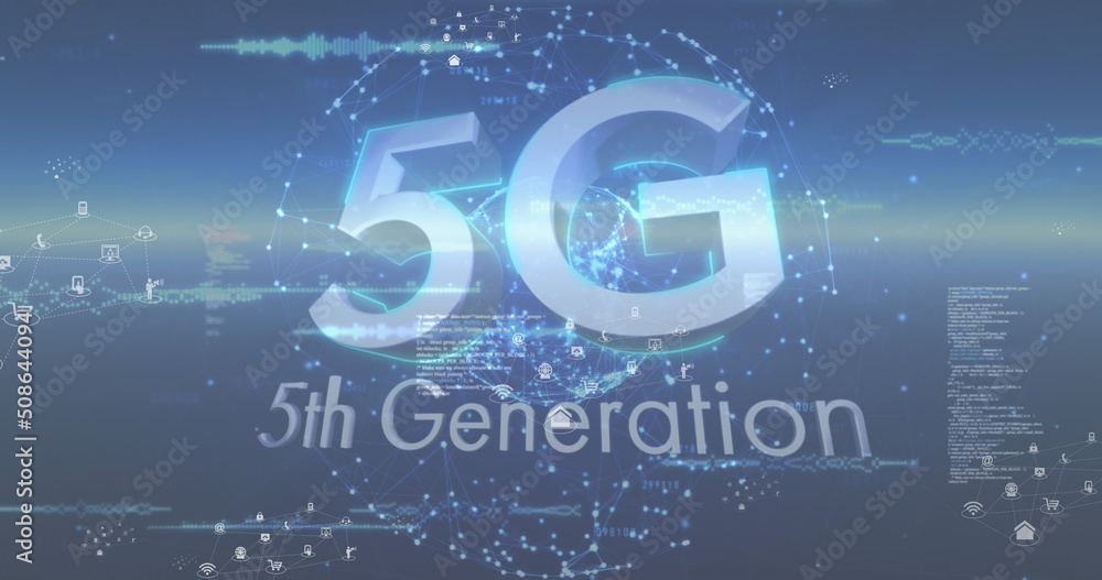 图标、数据处理和5g在全球和蓝色背景上的图像