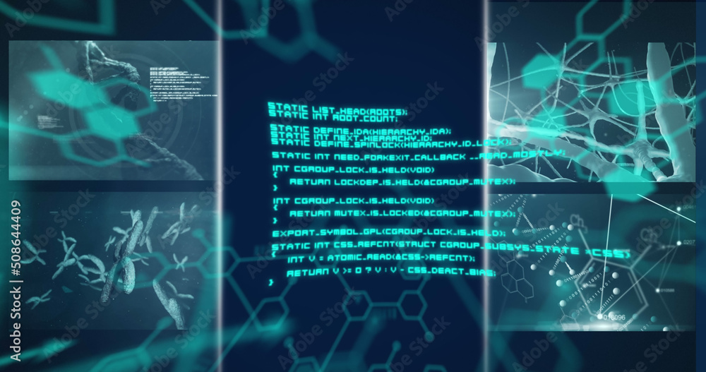 Digital image of multiple screens with medical data processing against blue background