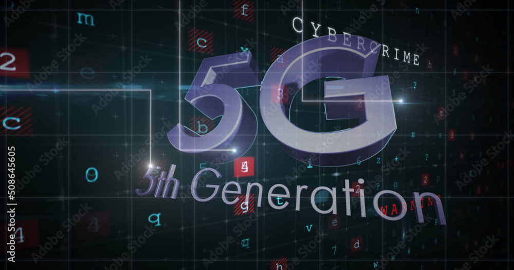 5g text and multiple light trails against cyber security data processing on black background