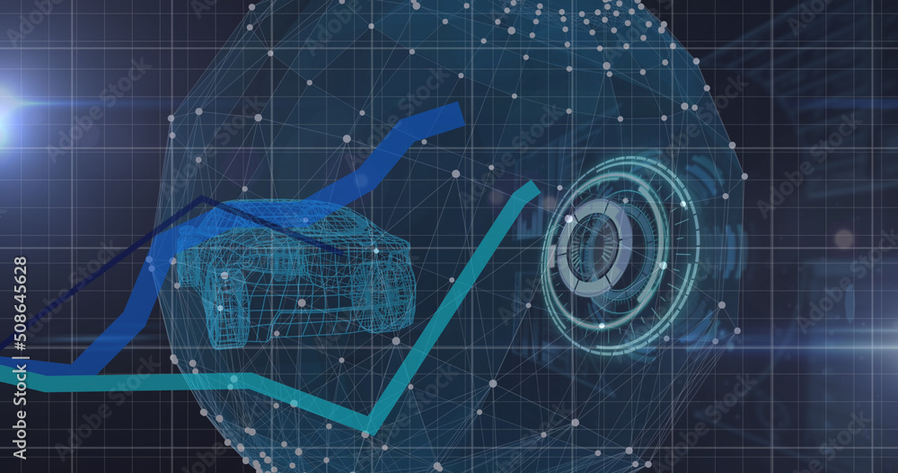 Image of scope scanning and blue lines processing over globe and 3d car model spinning