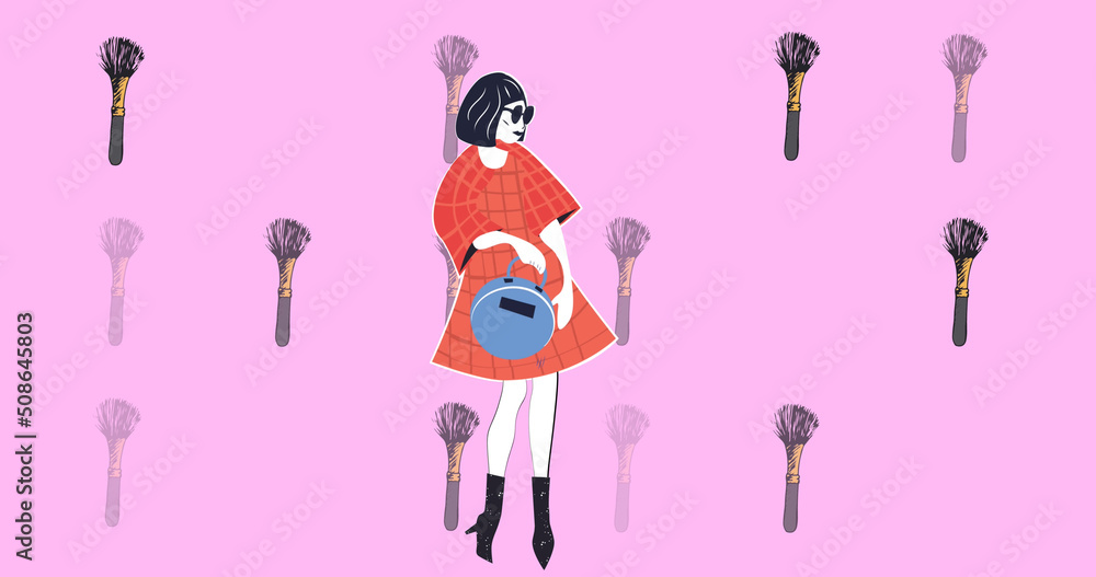 Image of brush icons and model over pink background