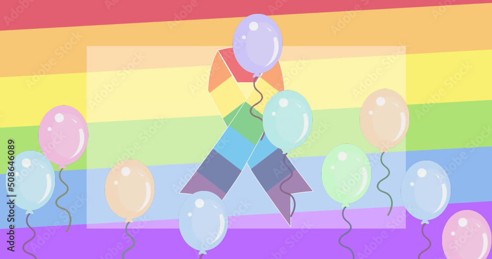 Image of balloons over rainbow ribbon on rainbow background