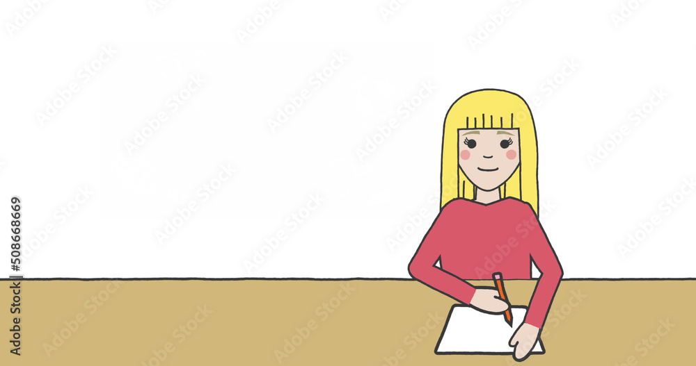 Image of schoolgirl taking notes on white background