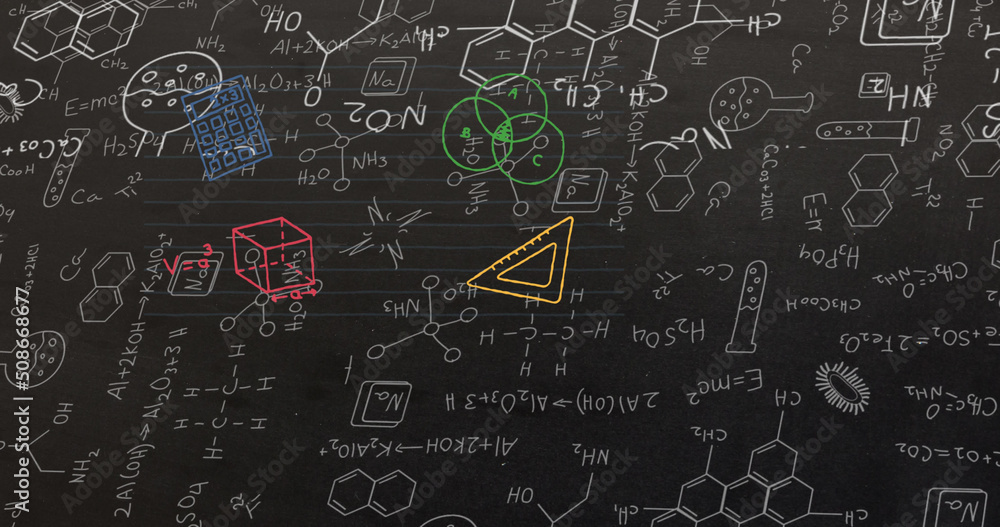 分子和化学图标的图像，黑色背景上有学校项目图标