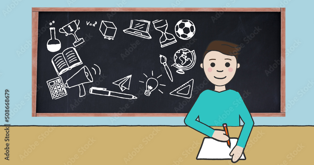 Image of schoolboy taking notes over blackboard with school items icons on blue background