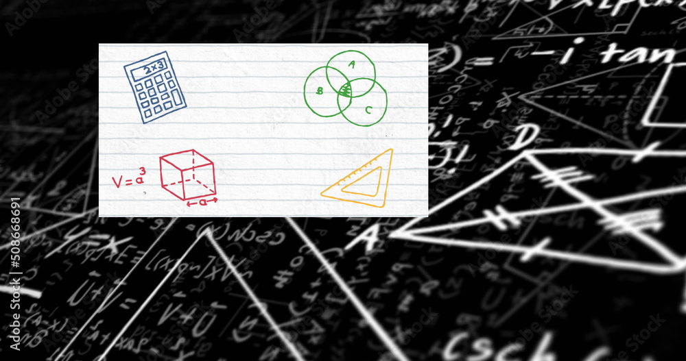 Image of school items icons over mathematical equations on black background