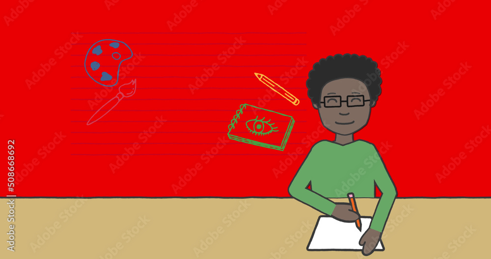 Image of schoolboy taking notes over school items icons on red background