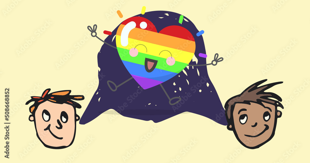 Image of male face icons and rainbow heart on green background