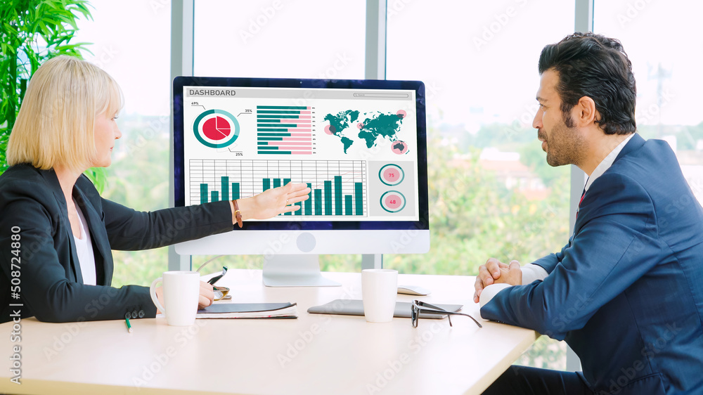 Business data dashboard analysis by ingenious computer software . Investment application display bus