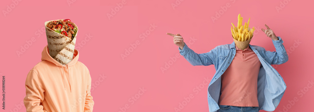 People with tasty burrito and french fries instead of their heads on pink background with space for 