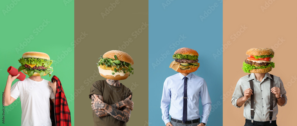 Set of men with tasty burgers instead of their heads on colorful background