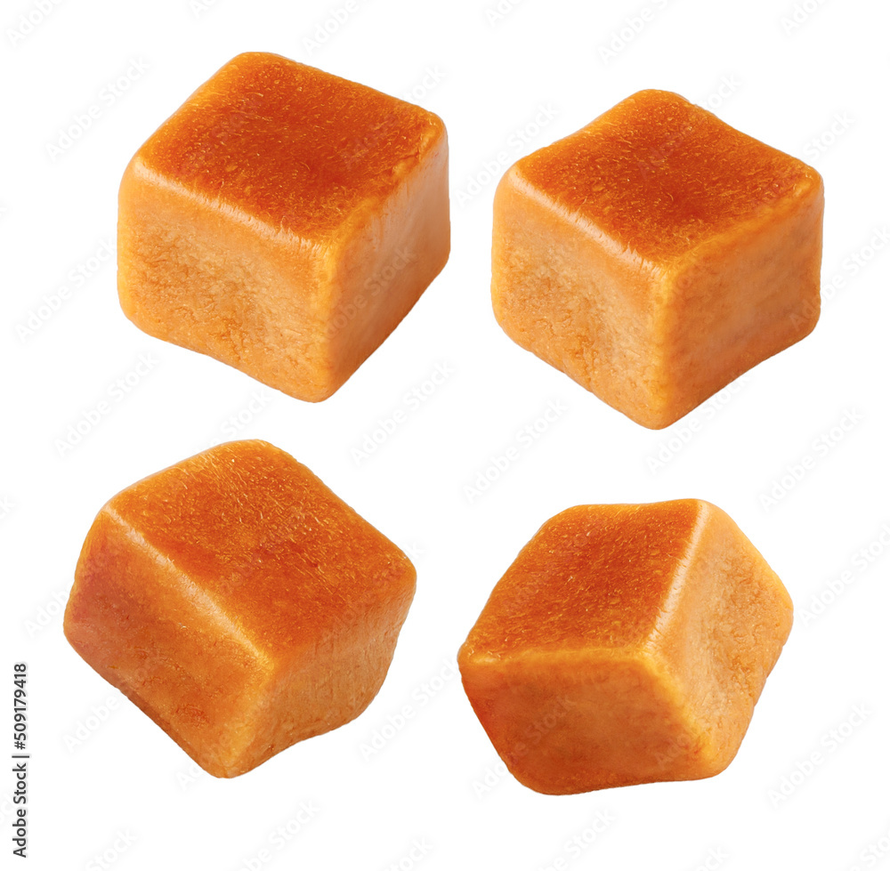 Set of caramel cubes isolated. Caramel candies on white.