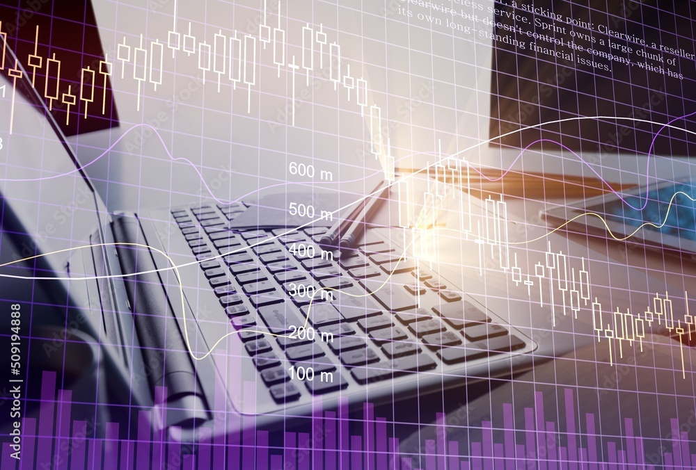 Businessmen work with stock market investments using gadgets to analyze trading data. Financial stoc