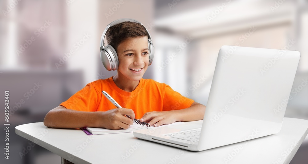 Portrait of smiling child studying at home, homeschooling concept