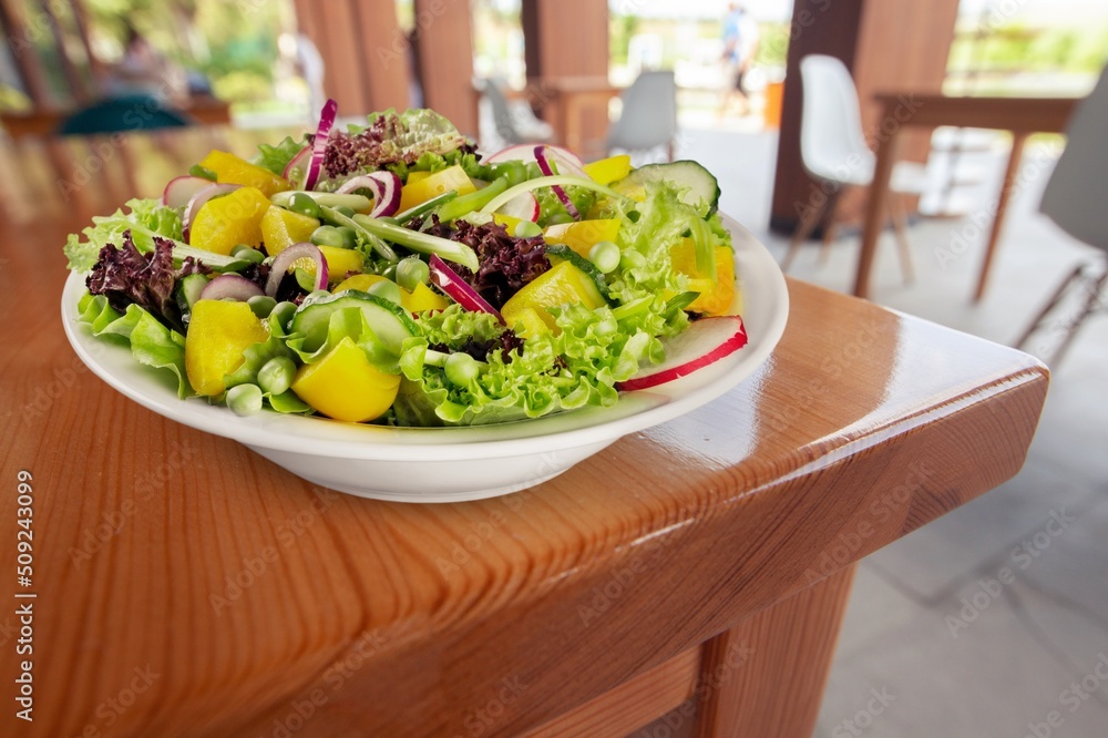 Traditional delicious food, tasty vegetable salad on the desk