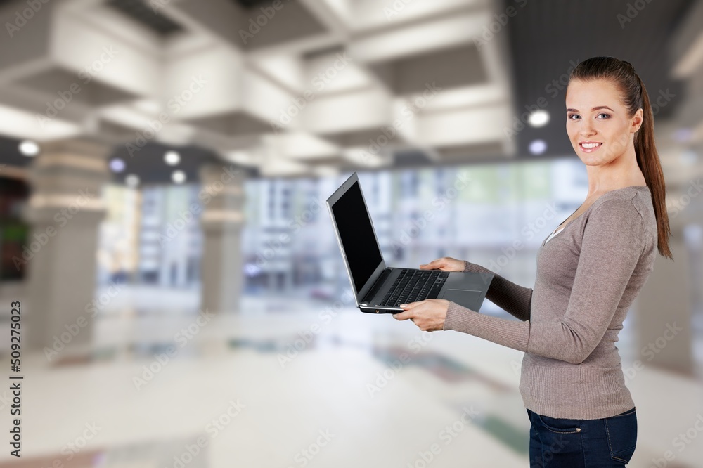 Young successful lovely business woman, secretary, manager, business consultant, working on laptop