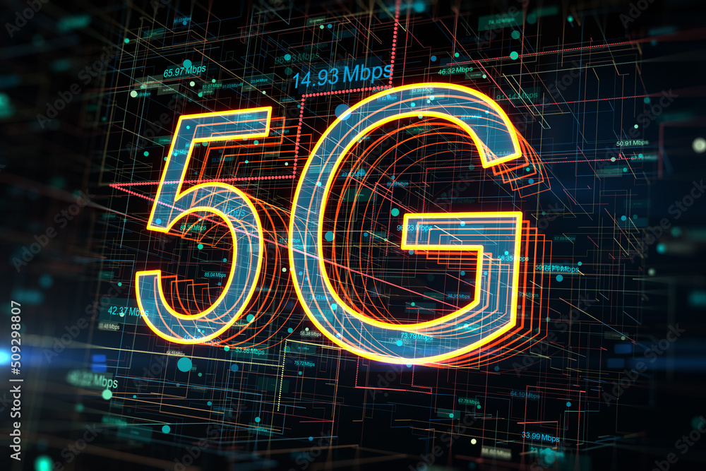 5G网络概念、高速移动互联网和具有数字发光符号的新一代网络