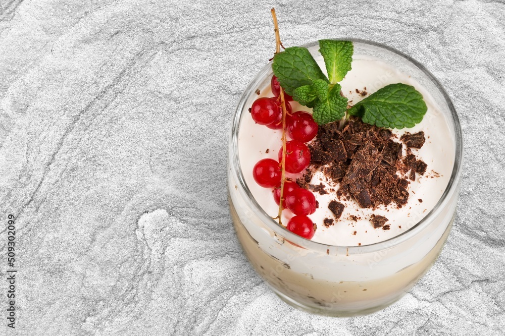 Italian tiramisu dessert with mascarpone and whipped cream. Recipe of simple dessert, cheesecake, pu