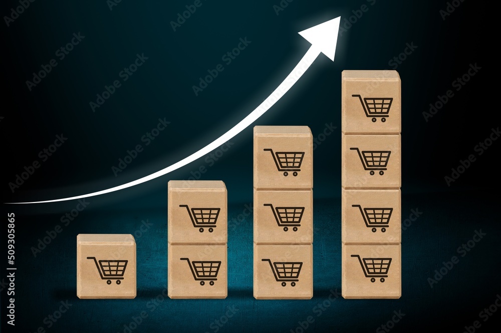 Wooden cubes with shopping cart. Business Marketing Strategy