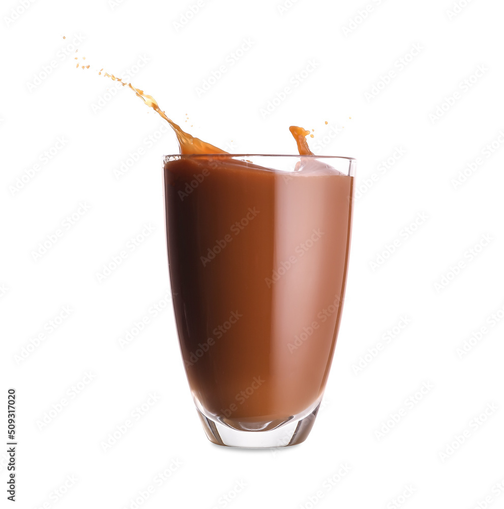 Glass of tasty iced coffee with splashes on white background