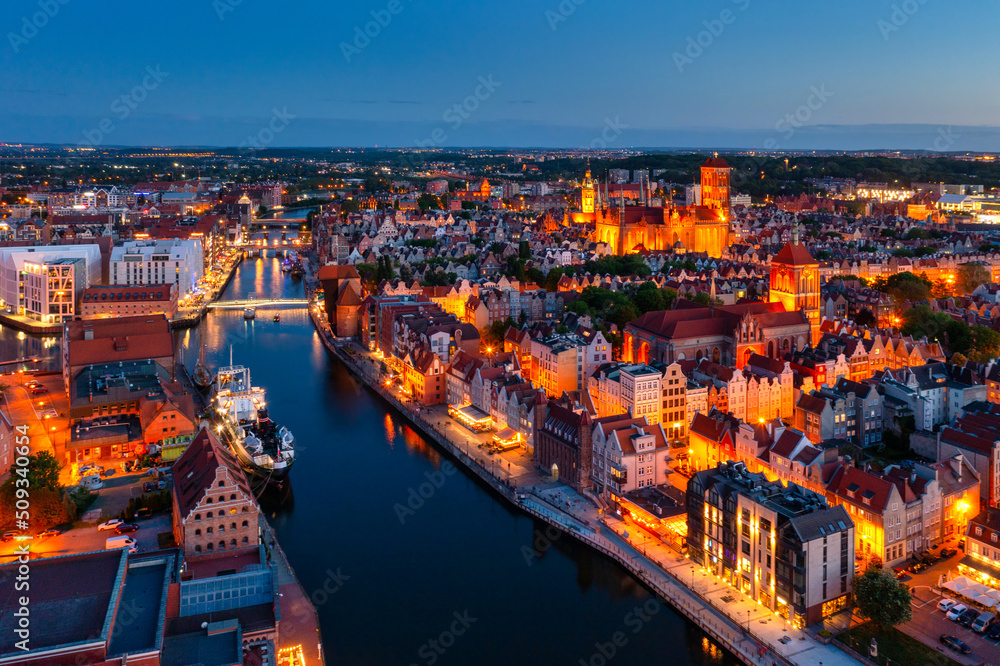 Aerial view of the beautiful Gdansk city at dusk, Poland