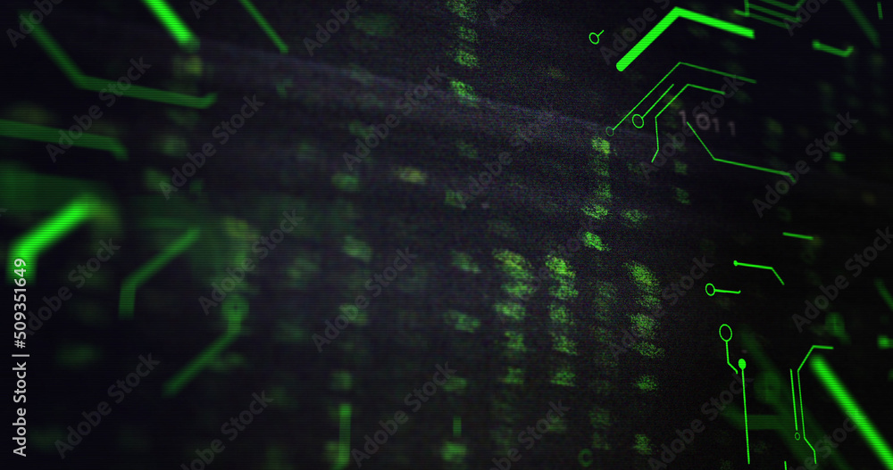 Image of data processing and green integrated circuit on black background