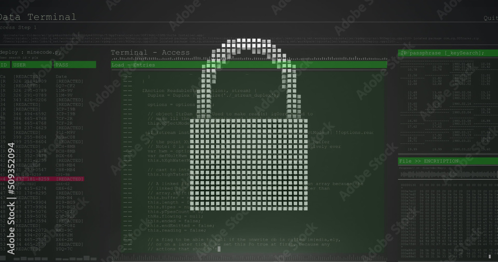 Image of security padlock over data processing on dark background