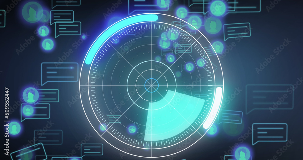 Round scanner over multiple graphs against round scanner and data processing on blue background