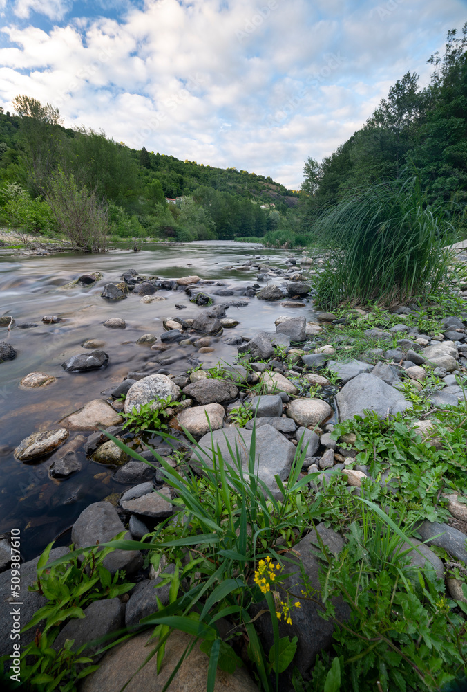 La rivière sauvage de lAllier dans le département de la Haute-Loire en France au printemps