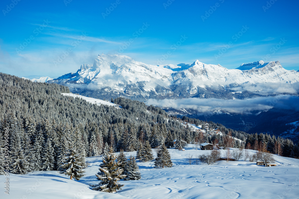 冬季高山景观，带滑雪板和滑雪道